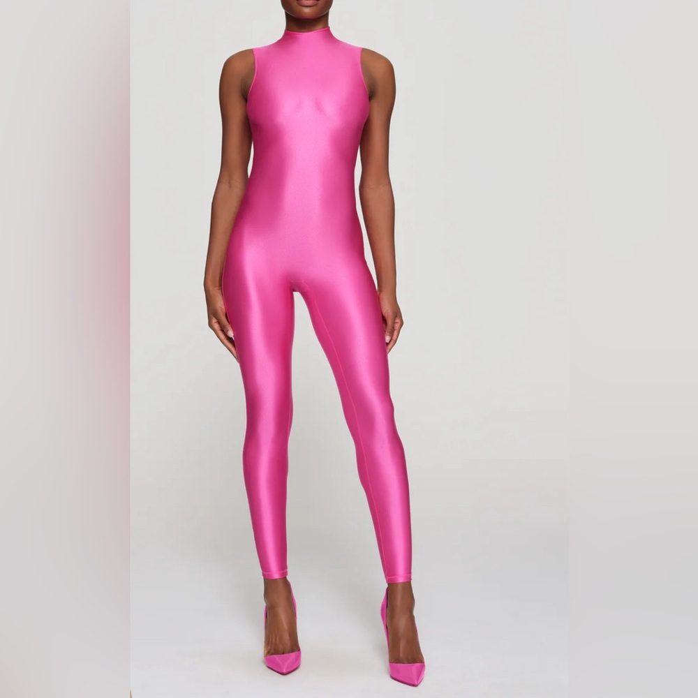 Skims Shine Jersey Mock Neck Sleeveless Catsuit in Hot Pink